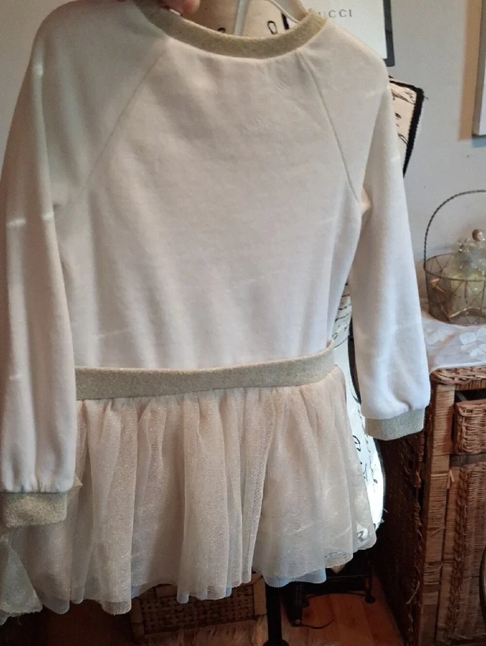 Juicy Couture White & Gold Girls Sweatshirt Dress/Top with Tulle Skirt Size 4